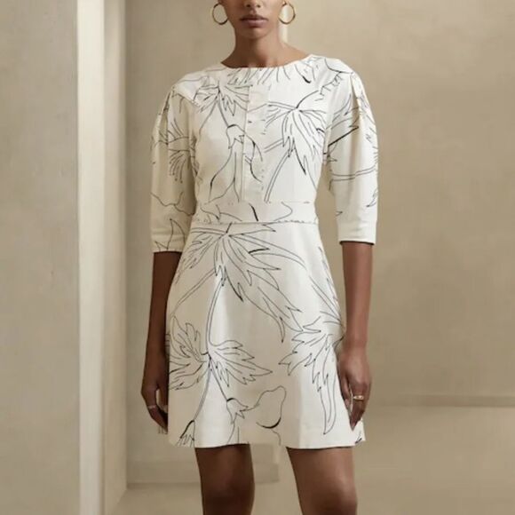 Banana Republic Linen Blend Mini Dress Stone Washed Tropical Print Size 8 - Picture 1 of 11